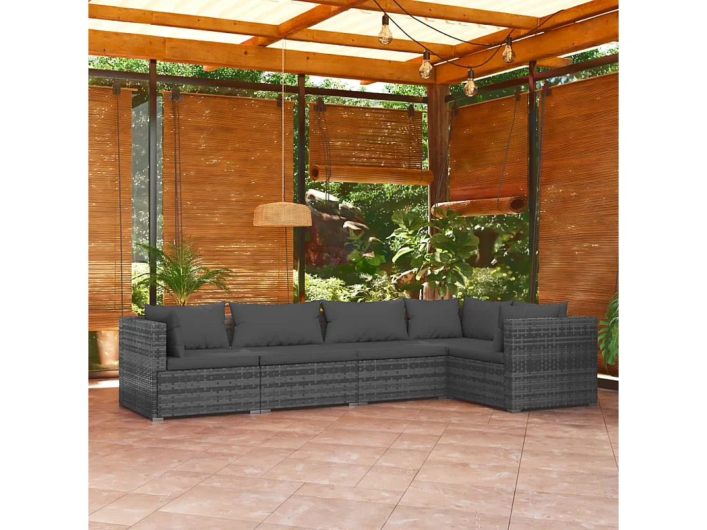 5 pcs conjunto lounge de jardim c/ almofadões vime PE cinzento PT51632