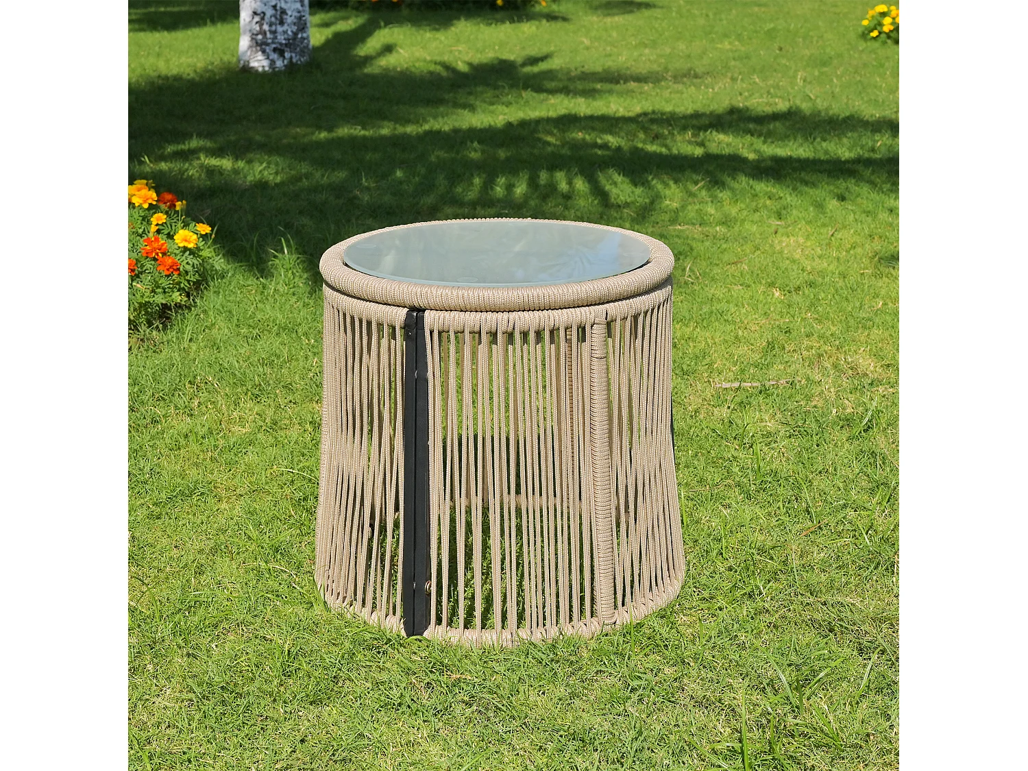 Muebles de jardín esquineros de metal y cuerda tejida: 2 sofás + 1 mesa de centro - gran comodidad con 7 cojines de asiento y respaldo - beige