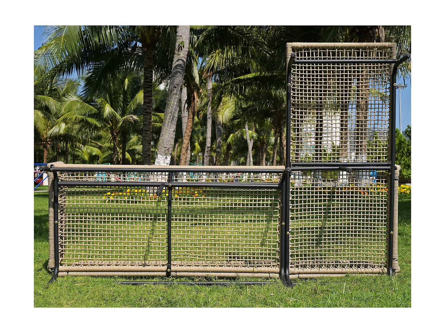 Muebles de jardín esquineros de metal y cuerda tejida: 2 sofás + 1 mesa de centro - gran comodidad con 7 cojines de asiento y respaldo - beige