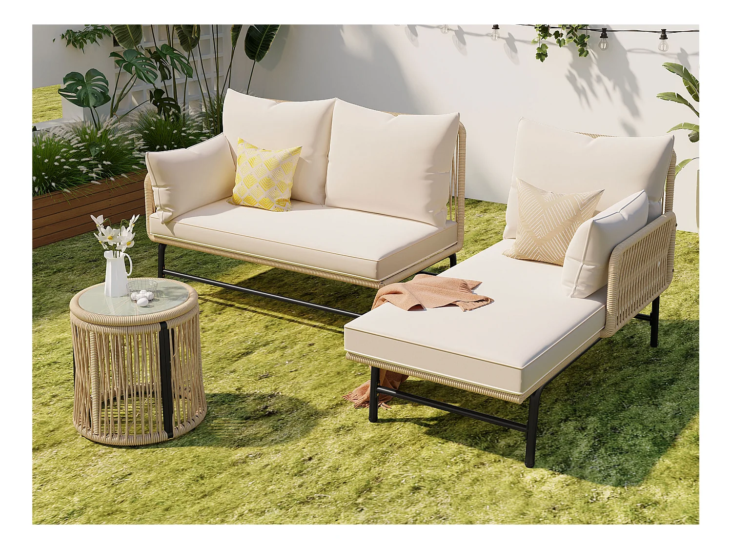 Salon de jardin d'angle 4 places en métal et corde tissée:  2 canapés + 1 table basse - grand confort avec 7 coussins d'assise et dossier - beige