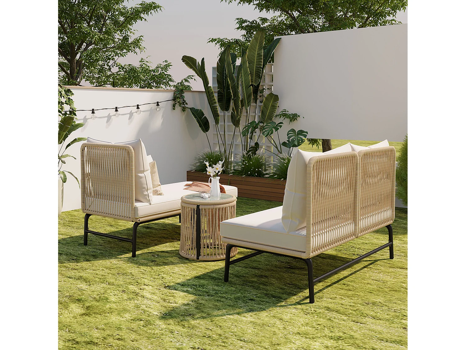 Mobile da giardino angolare in metallo e corda intrecciata: 2 divani + 1 tavolino - grande comodità con 7 cuscini seduta e schienale - beige