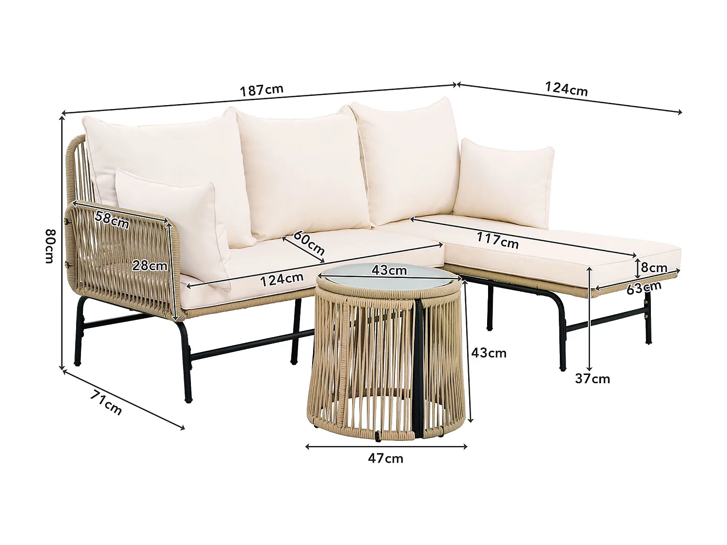 Mobile da giardino angolare in metallo e corda intrecciata: 2 divani + 1 tavolino - grande comodità con 7 cuscini seduta e schienale - beige