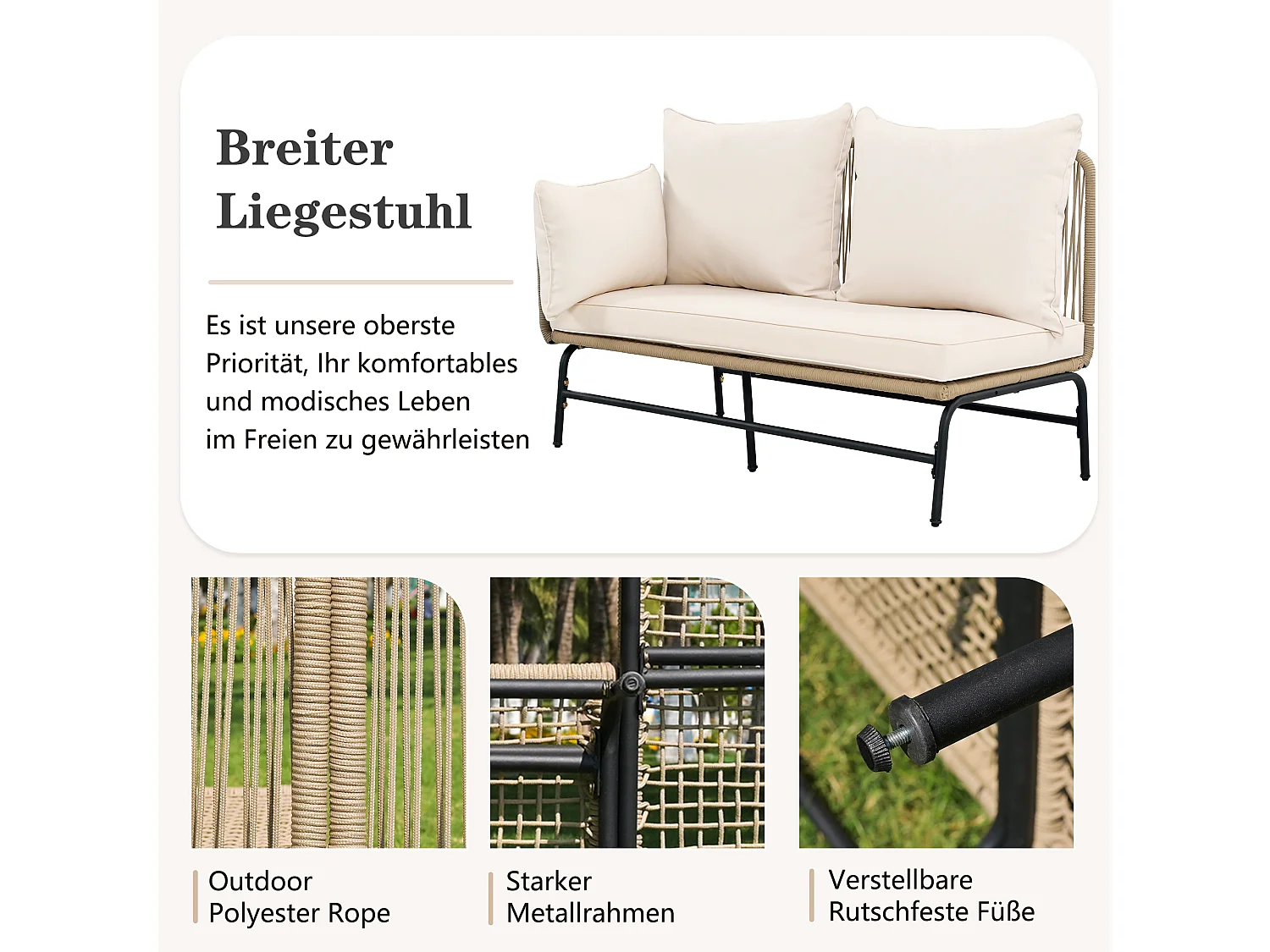 Mobile da giardino angolare in metallo e corda intrecciata: 2 divani + 1 tavolino - grande comodità con 7 cuscini seduta e schienale - beige