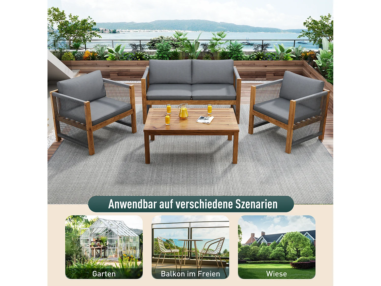 Salon de jardin modulable 4 places en bois d'acacia : 1 canapé 2 places + 2 fauteuils + 1 table basse - Gris + naturel