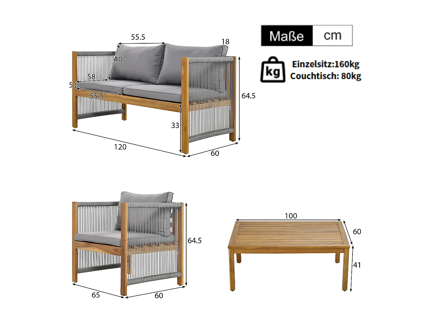 Salon de jardin modulable 4 places en bois d'acacia : 1 canapé 2 places + 2 fauteuils + 1 table basse - Gris + naturel