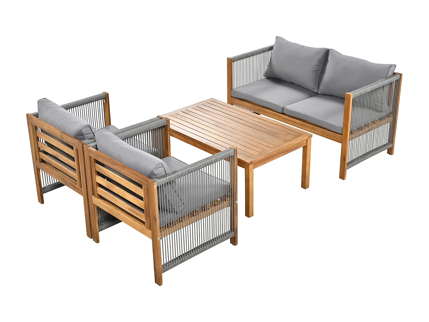 Salon de jardin modulable 4 places en bois d'acacia : 1 canapé 2 places + 2 fauteuils + 1 table basse - Gris + naturel