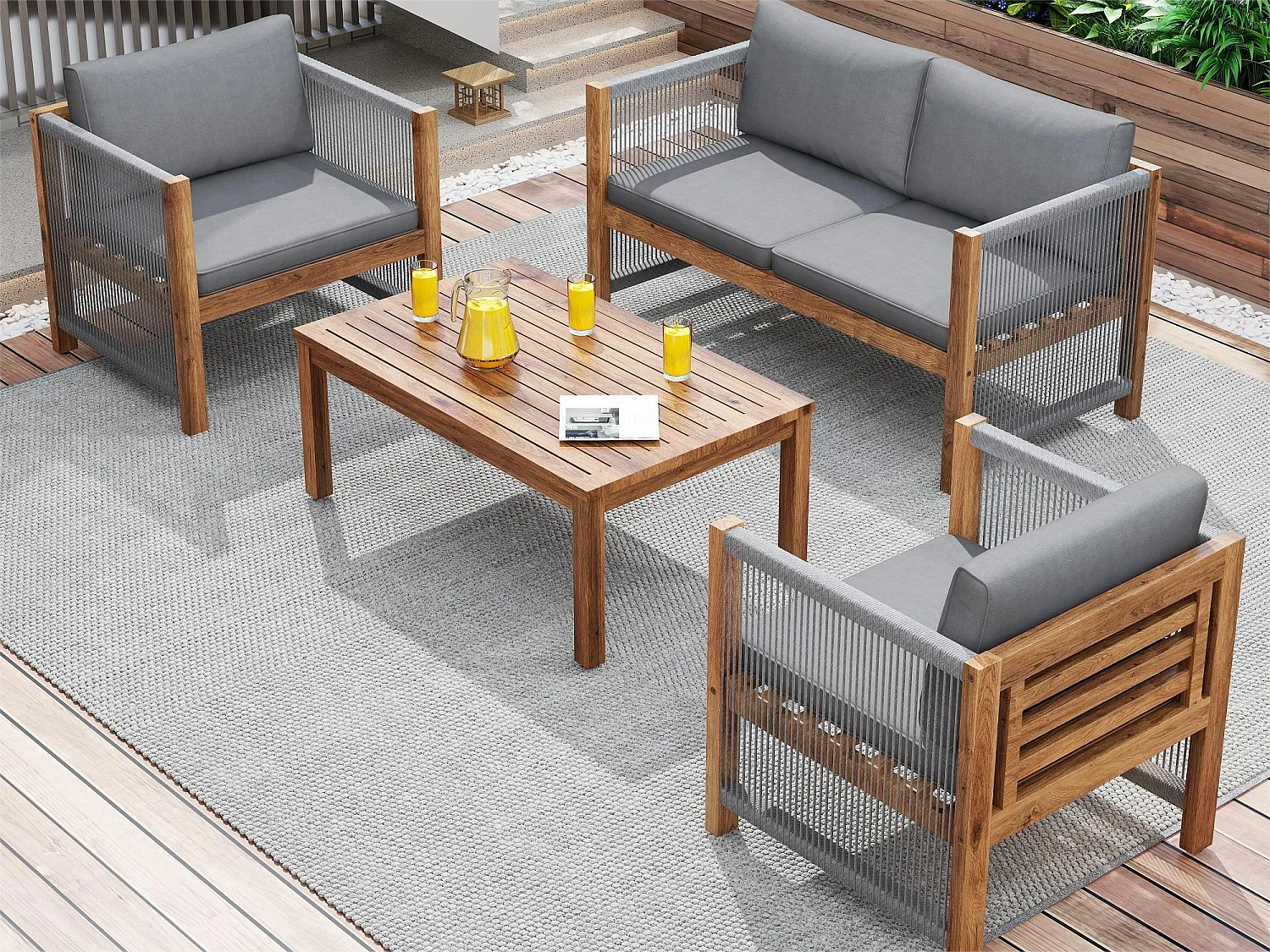 Set di mobili da giardino modulari 4 posti in legno di acacia: 1 divano 2 posti + 2 poltrone + 1 tavolino - Grigio + naturale