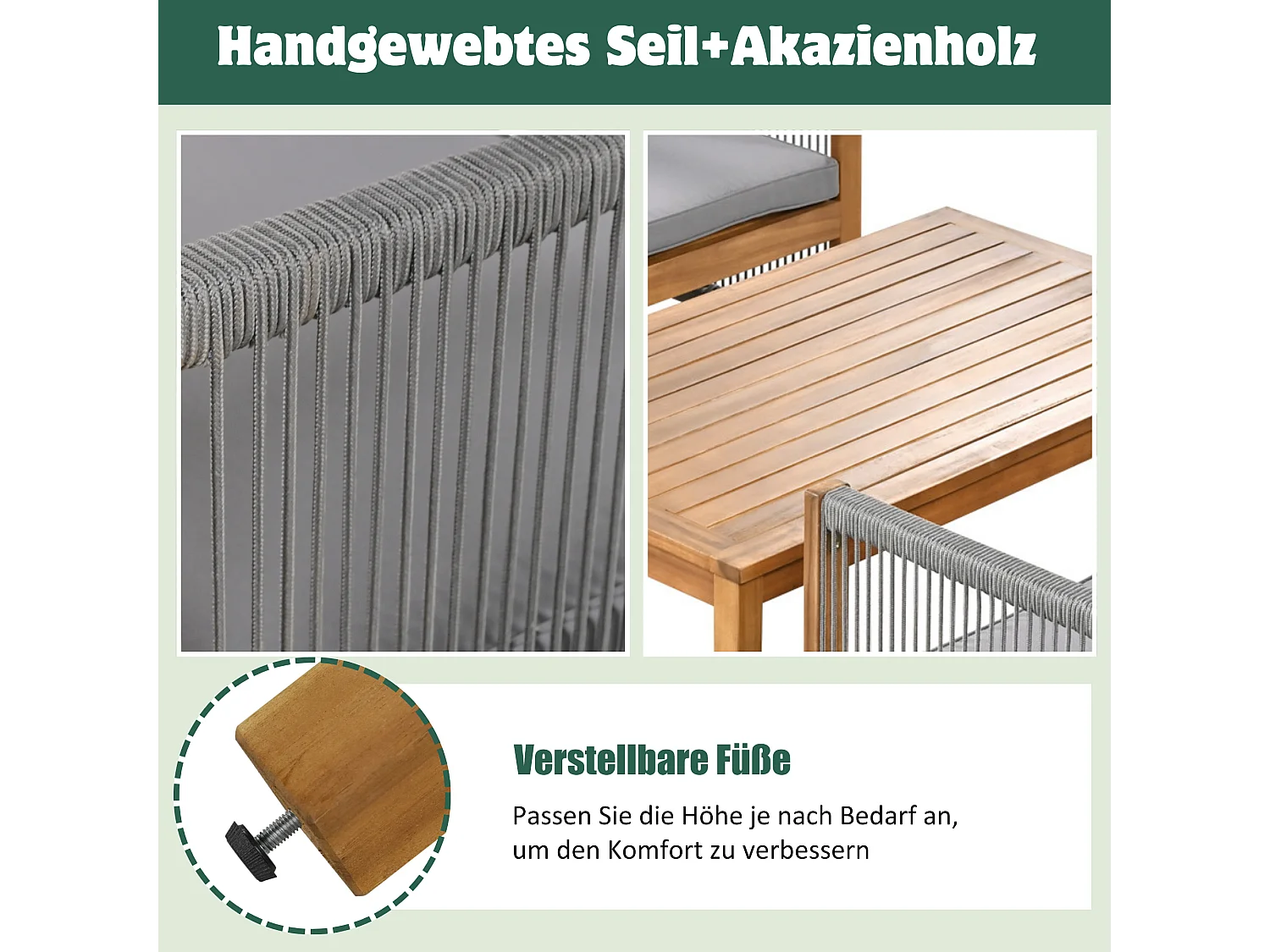 Set di mobili da giardino modulari 4 posti in legno di acacia: 1 divano 2 posti + 2 poltrone + 1 tavolino - Grigio + naturale