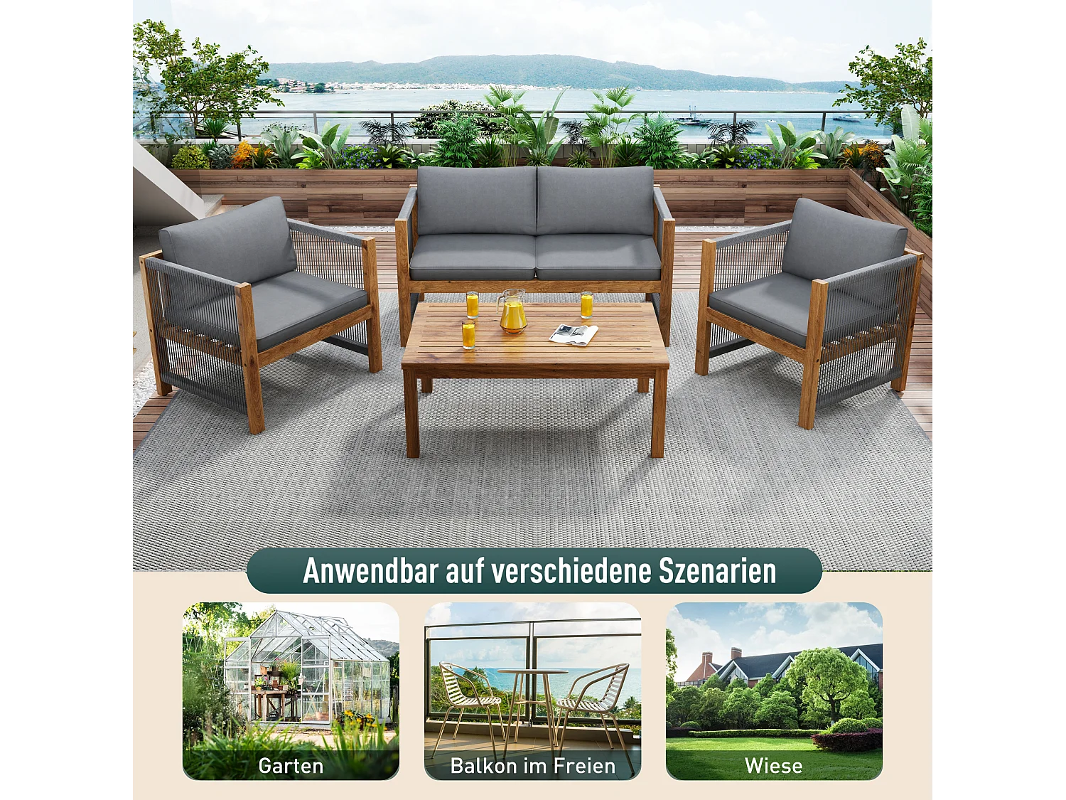 Set di mobili da giardino modulari 4 posti in legno di acacia: 1 divano 2 posti + 2 poltrone + 1 tavolino - Grigio + naturale