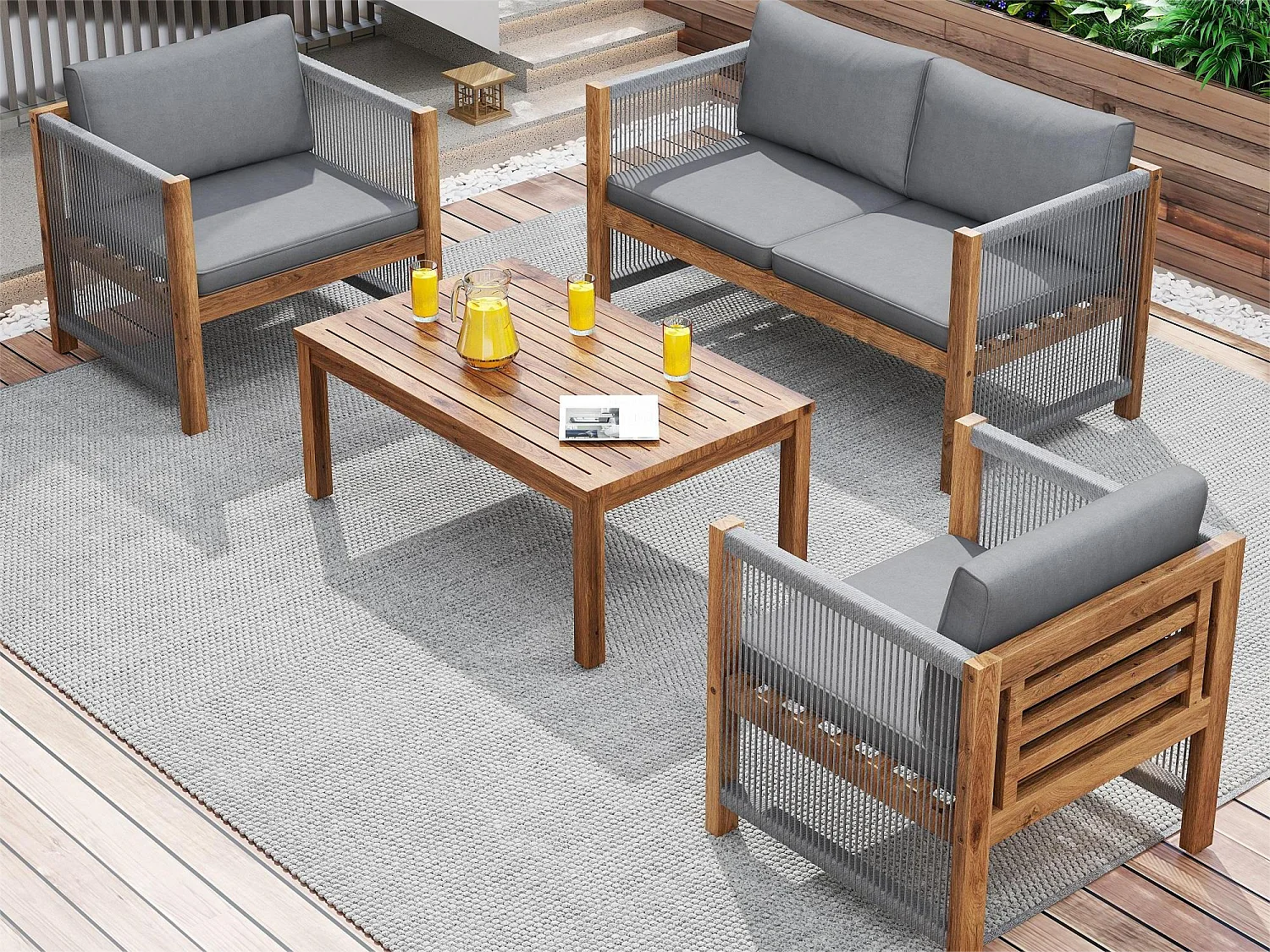 Set di mobili da giardino modulari 4 posti in legno di acacia: 1 divano 2 posti + 2 poltrone + 1 tavolino - Grigio + naturale