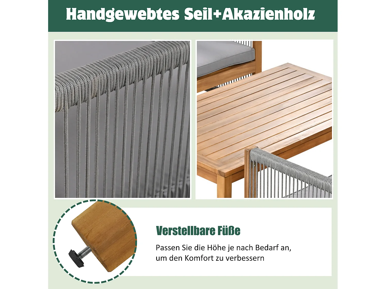 Set di mobili da giardino modulari 4 posti in legno di acacia: 1 divano 2 posti + 2 poltrone + 1 tavolino - Grigio + naturale