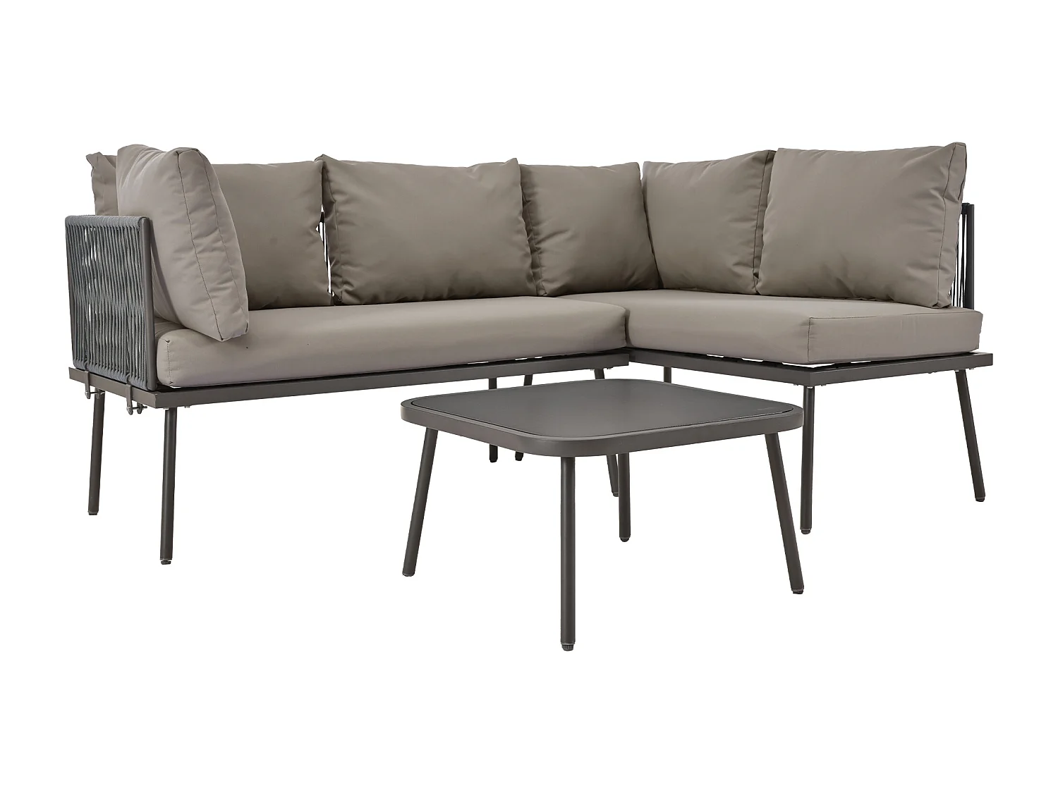 Salon de jardin d'angle grand confort 4 places - 2 canapés et 1 table basse + 8 coussins d'assise et de dossier - fer et corde - gris