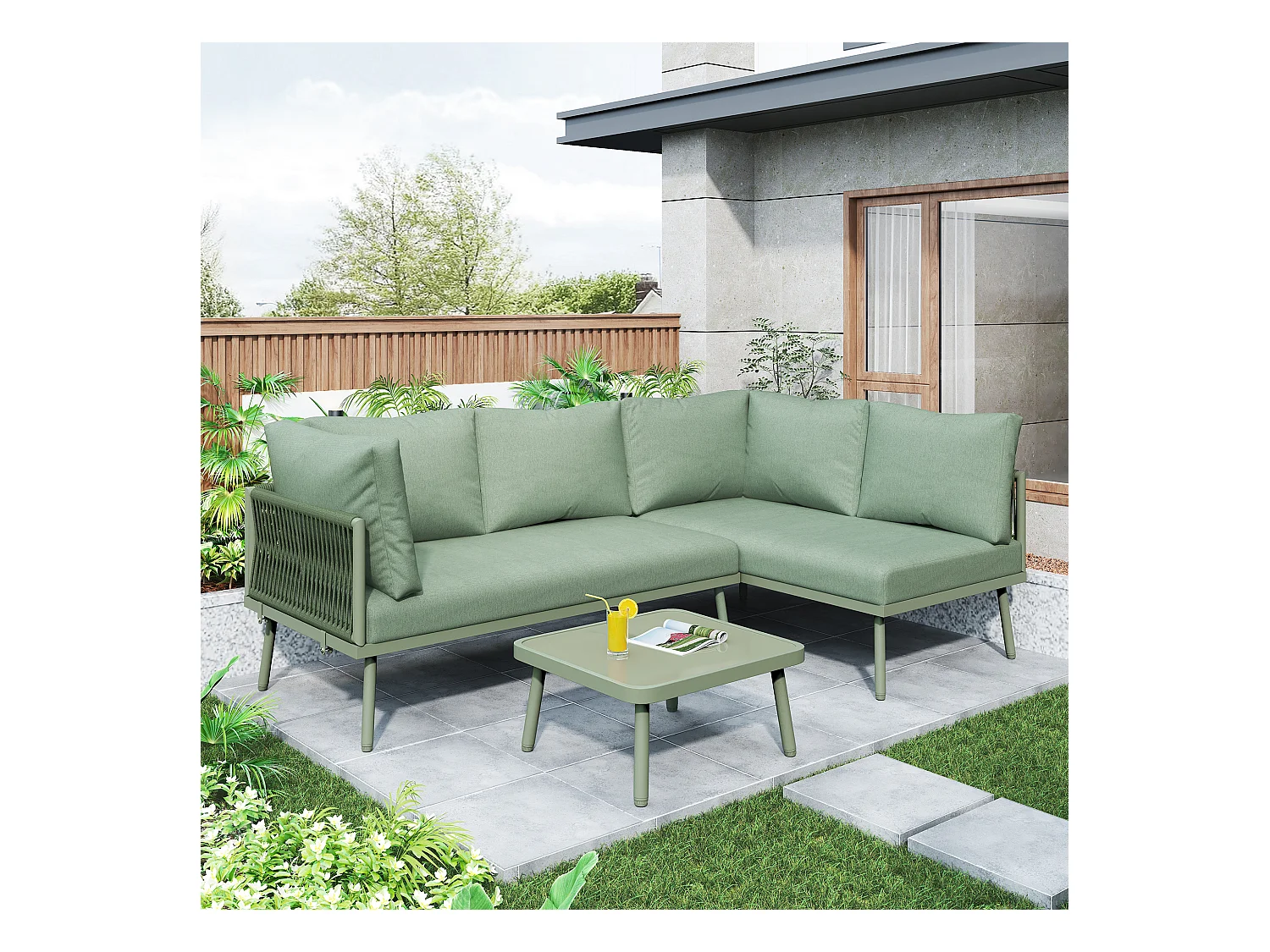 Salon de jardin d'angle grand confort 4 places - 2 canapés et 1 table basse + 8 coussins d'assise et de dossier - fer et corde - vert