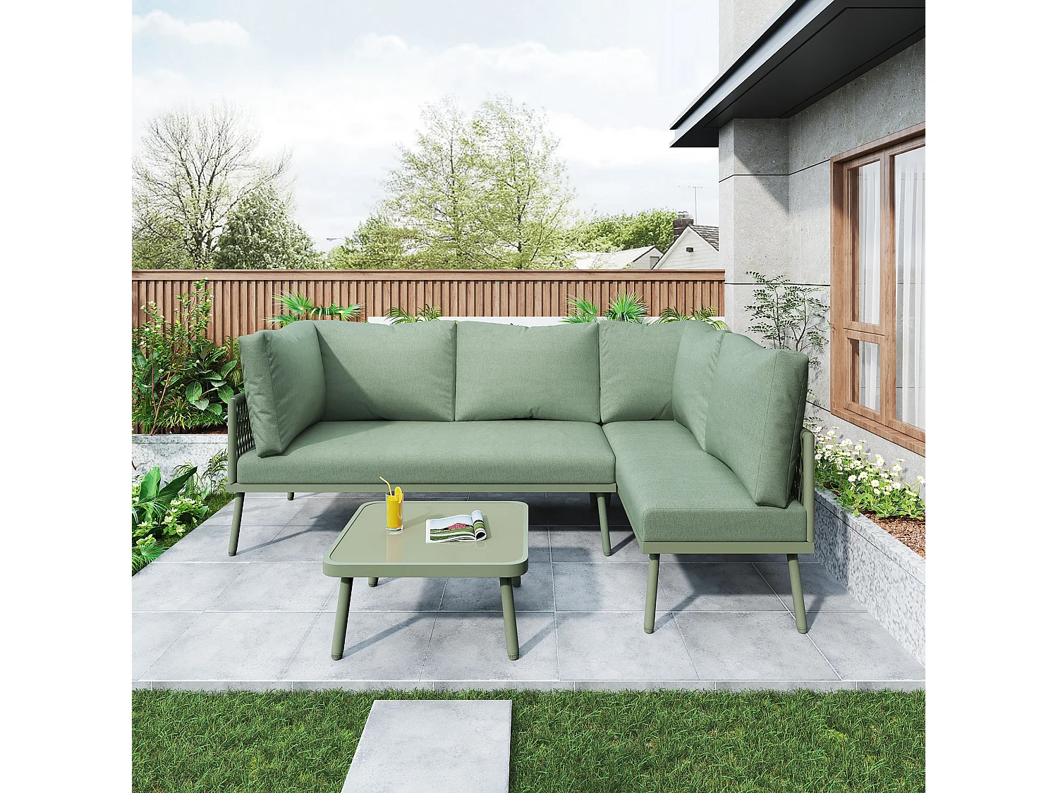 Salon de jardin d'angle grand confort 4 places - 2 canapés et 1 table basse + 8 coussins d'assise et de dossier - fer et corde - vert