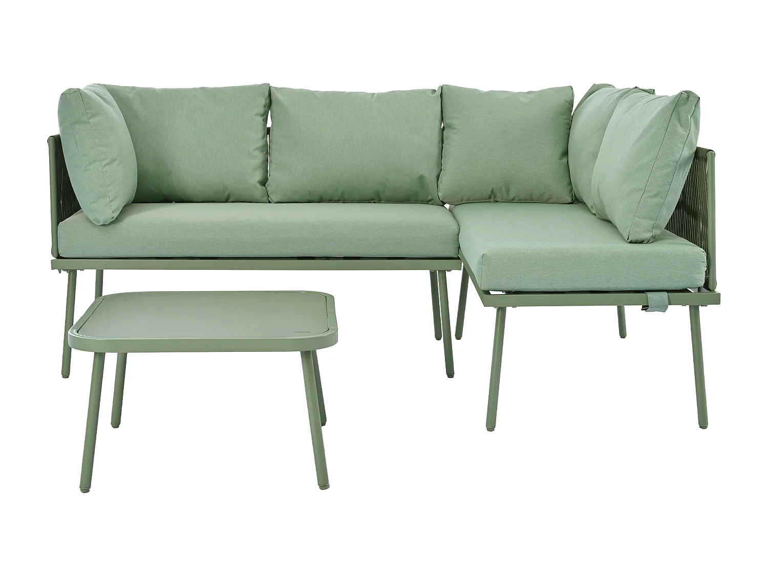 Salon de jardin d'angle grand confort 4 places - 2 canapés et 1 table basse + 8 coussins d'assise et de dossier - fer et corde - vert