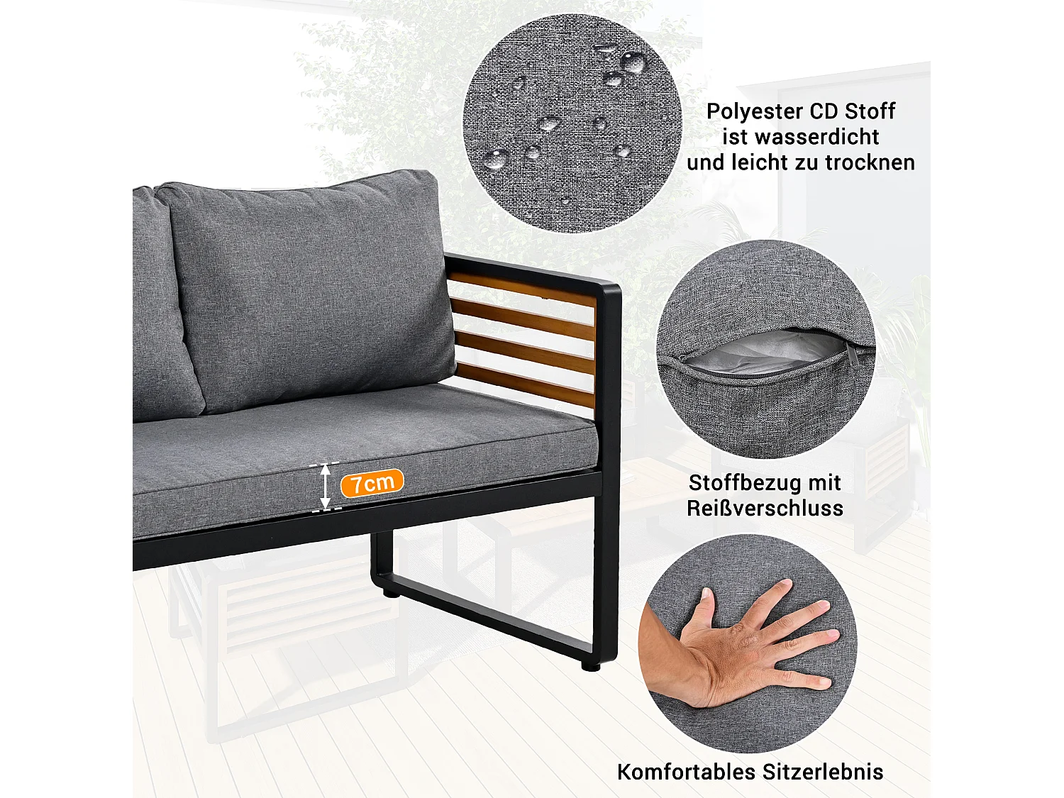 Tuinmeubelset - 2-zitsbank + 2 fauteuils + rechthoekige salontafel - zit- en rugkussens - ijzer en hout - bruin en grijs