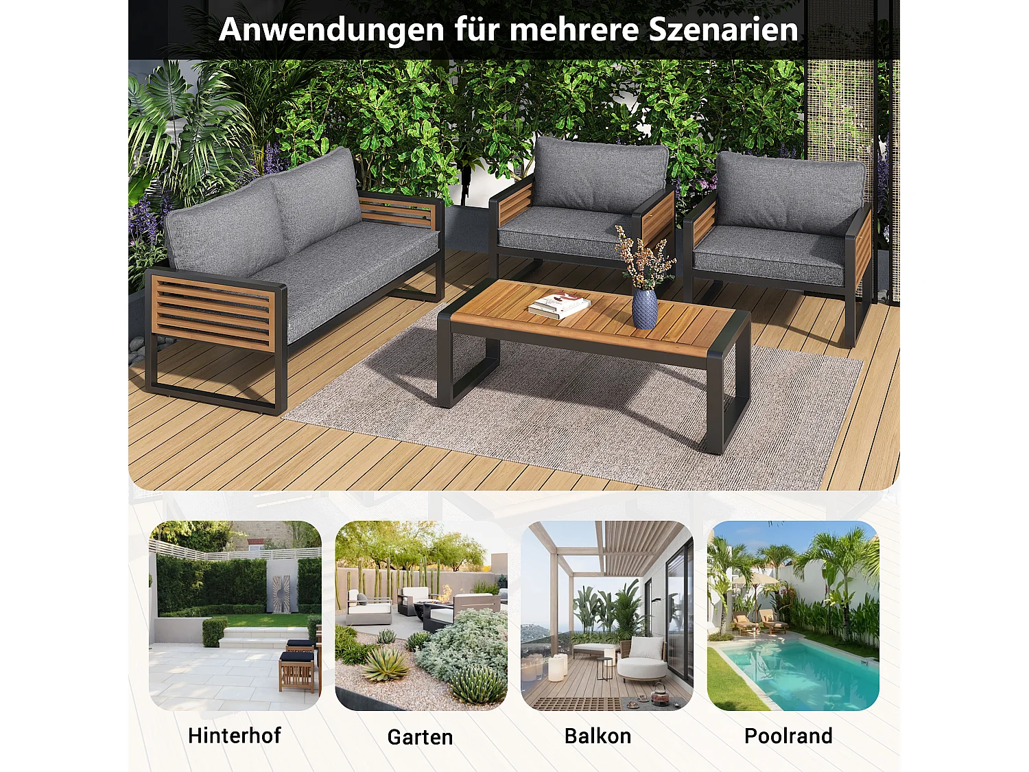 Tuinmeubelset - 2-zitsbank + 2 fauteuils + rechthoekige salontafel - zit- en rugkussens - ijzer en hout - bruin en grijs