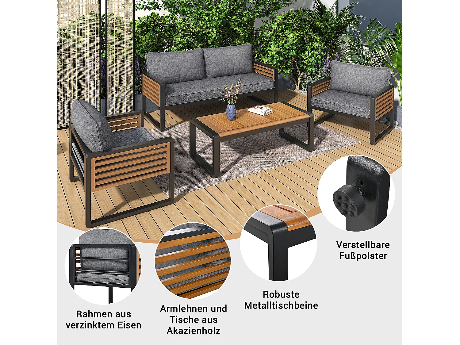 Tuinmeubelset - 2-zitsbank + 2 fauteuils + rechthoekige salontafel - zit- en rugkussens - ijzer en hout - bruin en grijs