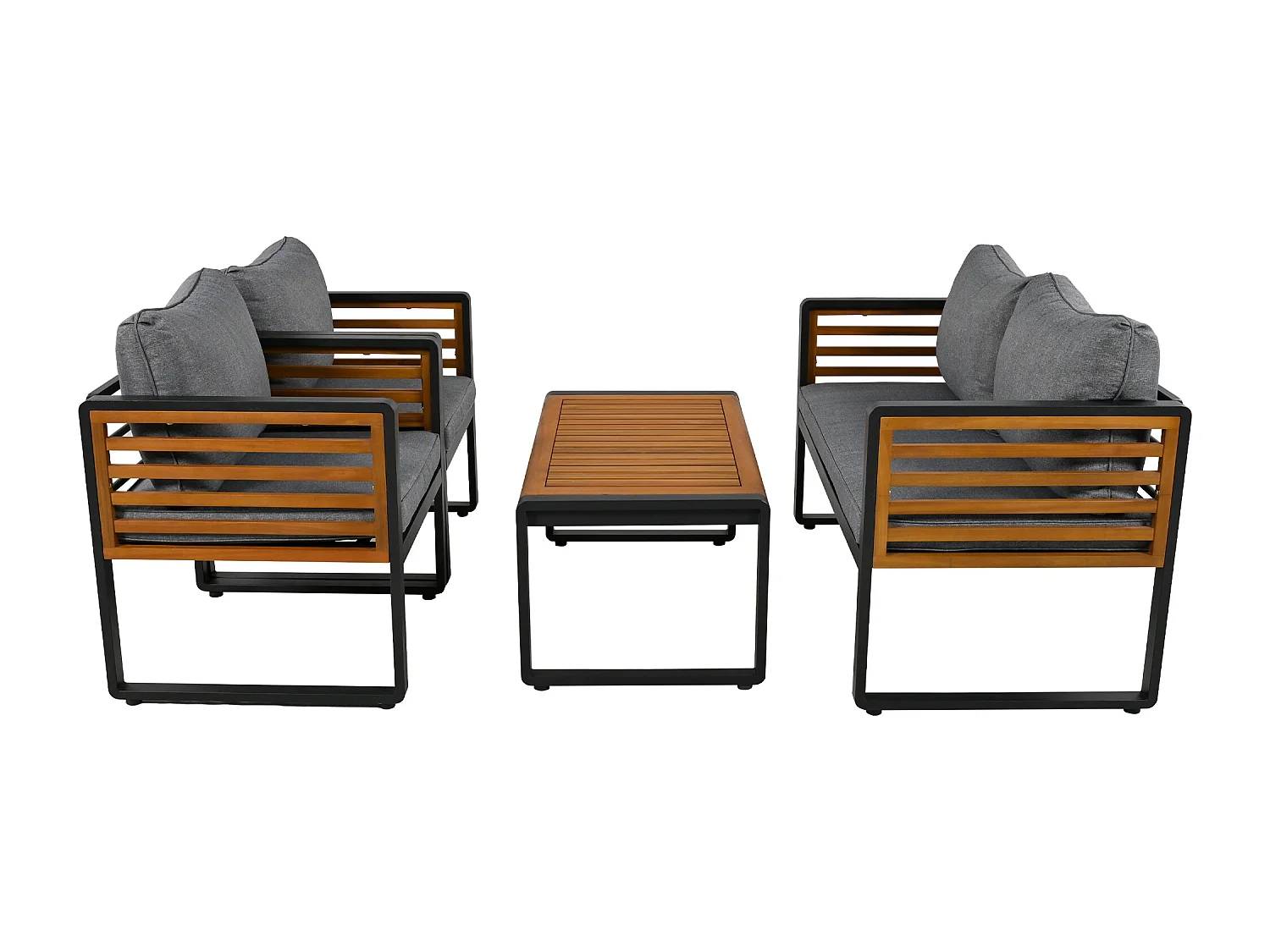 Tuinmeubelset - 2-zitsbank + 2 fauteuils + rechthoekige salontafel - zit- en rugkussens - ijzer en hout - bruin en grijs