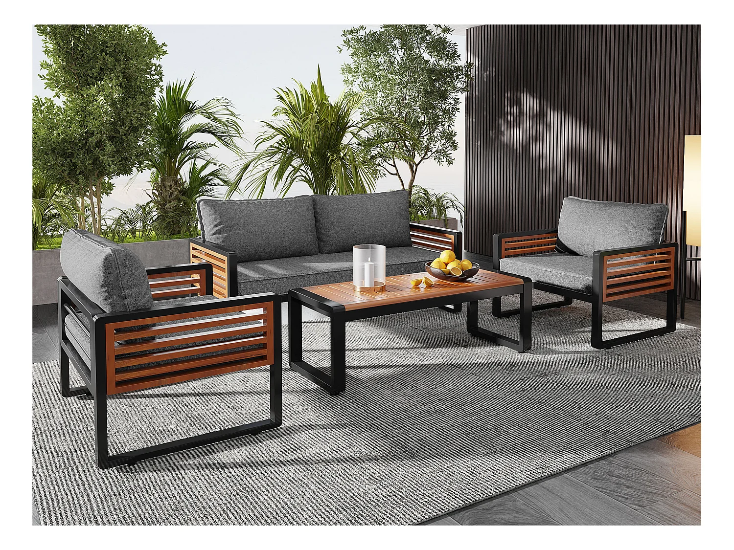 Tuinmeubelset - 2-zitsbank + 2 fauteuils + rechthoekige salontafel - zit- en rugkussens - ijzer en hout - bruin en grijs
