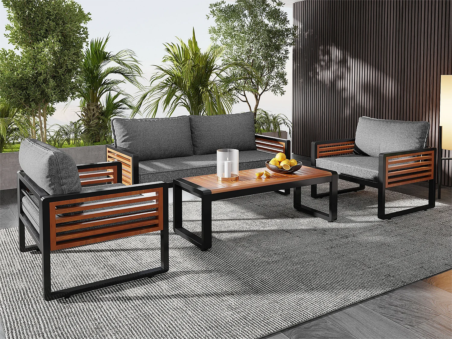 Ensemble de salon de jardin - Canapé 2 places + 2 fauteuils + table basse rectangulier - coussins d'assise et de dossier - fer et bois -  marron et gris