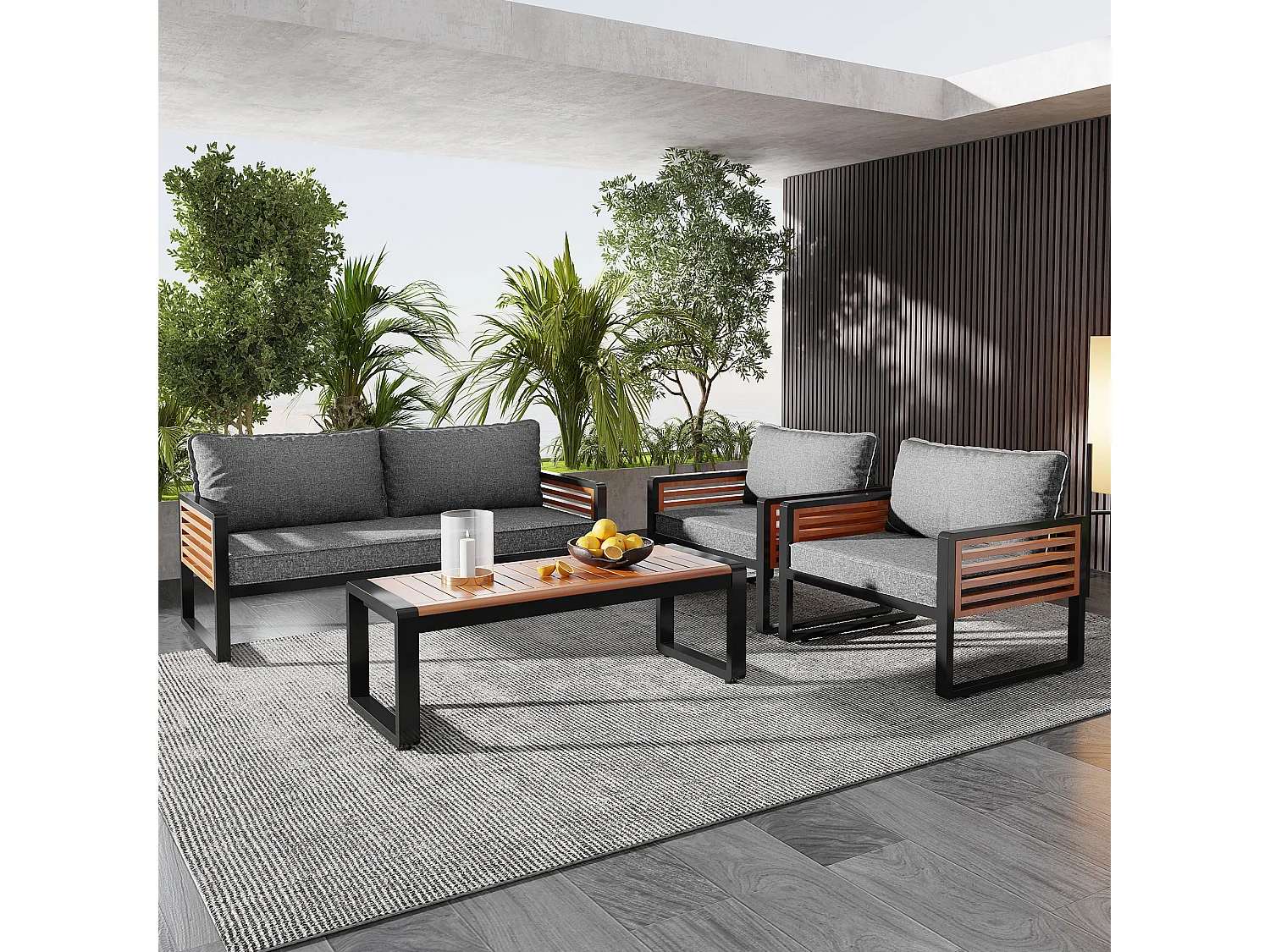 Ensemble de salon de jardin - Canapé 2 places + 2 fauteuils + table basse rectangulier - coussins d'assise et de dossier - fer et bois -  marron et gris