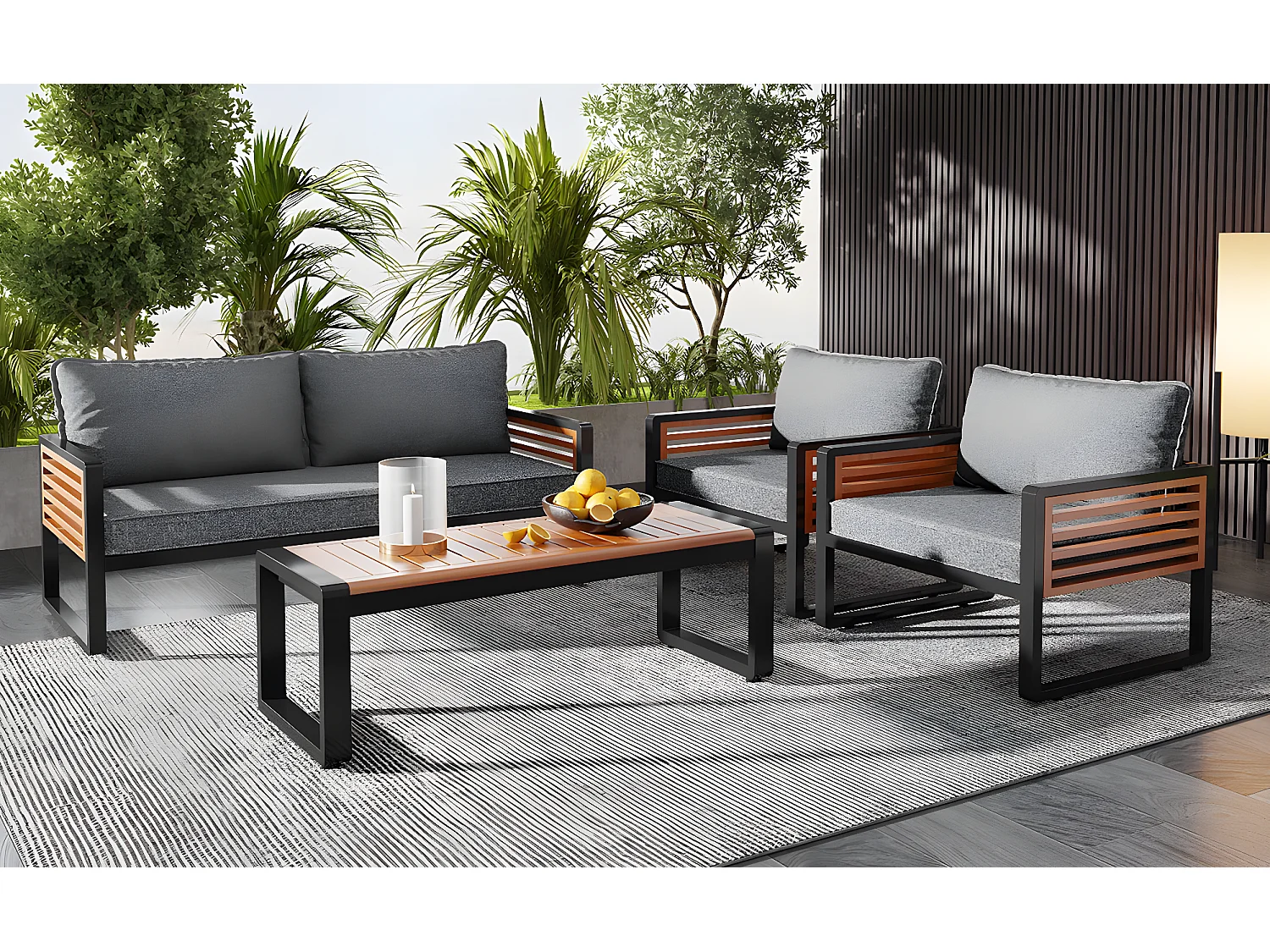 Ensemble de salon de jardin - Canapé 2 places + 2 fauteuils + table basse rectangulier - coussins d'assise et de dossier - fer et bois -  marron et gris