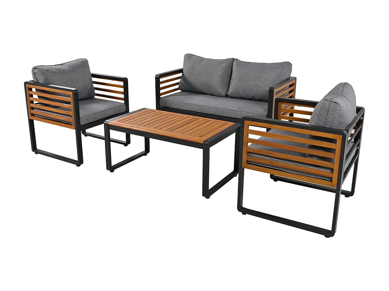 Ensemble de salon de jardin - Canapé 2 places + 2 fauteuils + table basse rectangulier - coussins d'assise et de dossier - fer et bois -  marron et gris