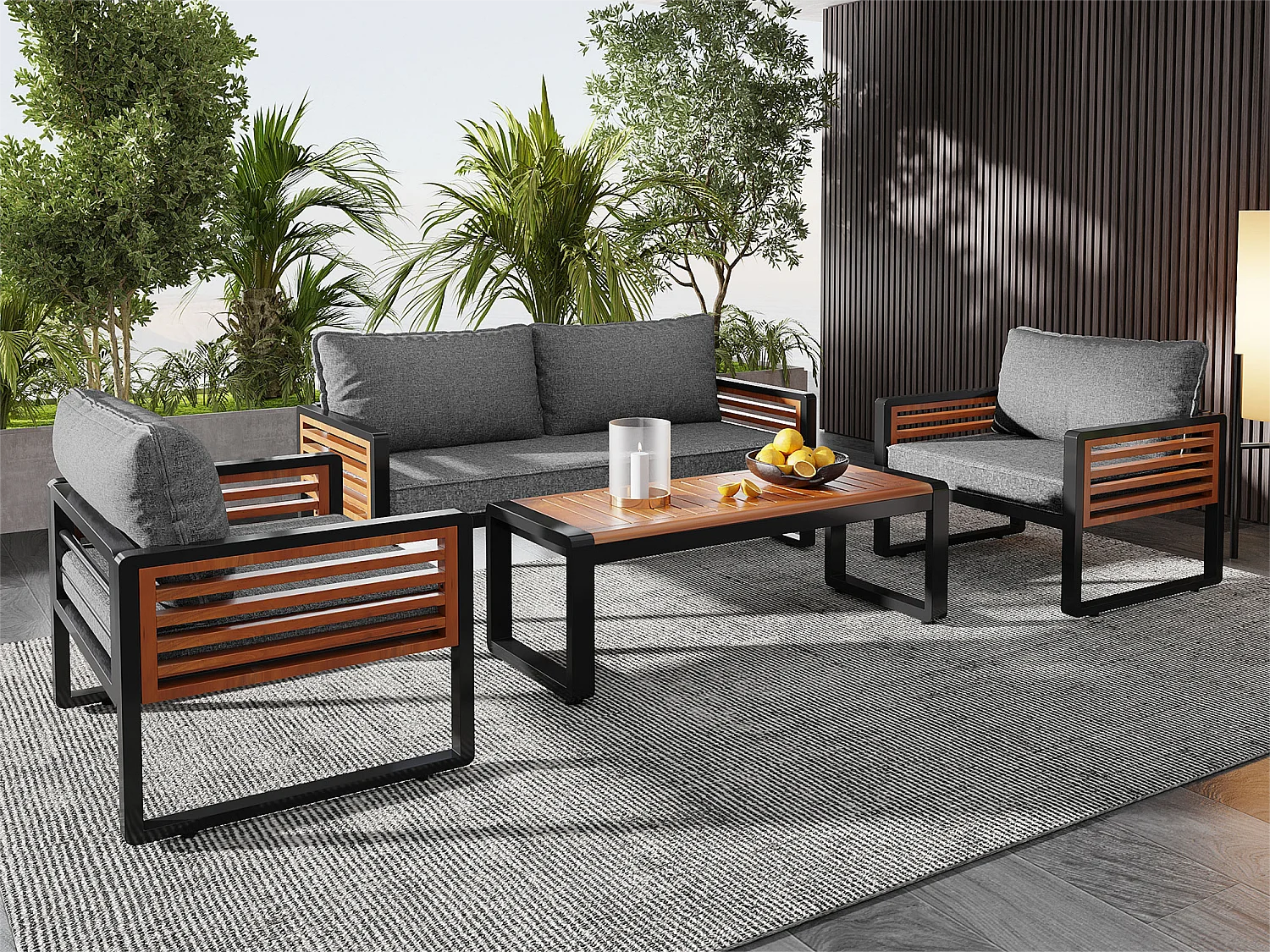 Tuinmeubelset - 2-zitsbank + 2 fauteuils + rechthoekige salontafel - zit- en rugkussens - ijzer en hout - bruin en grijs