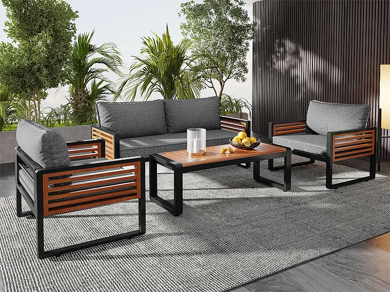 Tuinmeubelset - 2-zitsbank + 2 fauteuils + rechthoekige salontafel - zit- en rugkussens - ijzer en hout - bruin en grijs