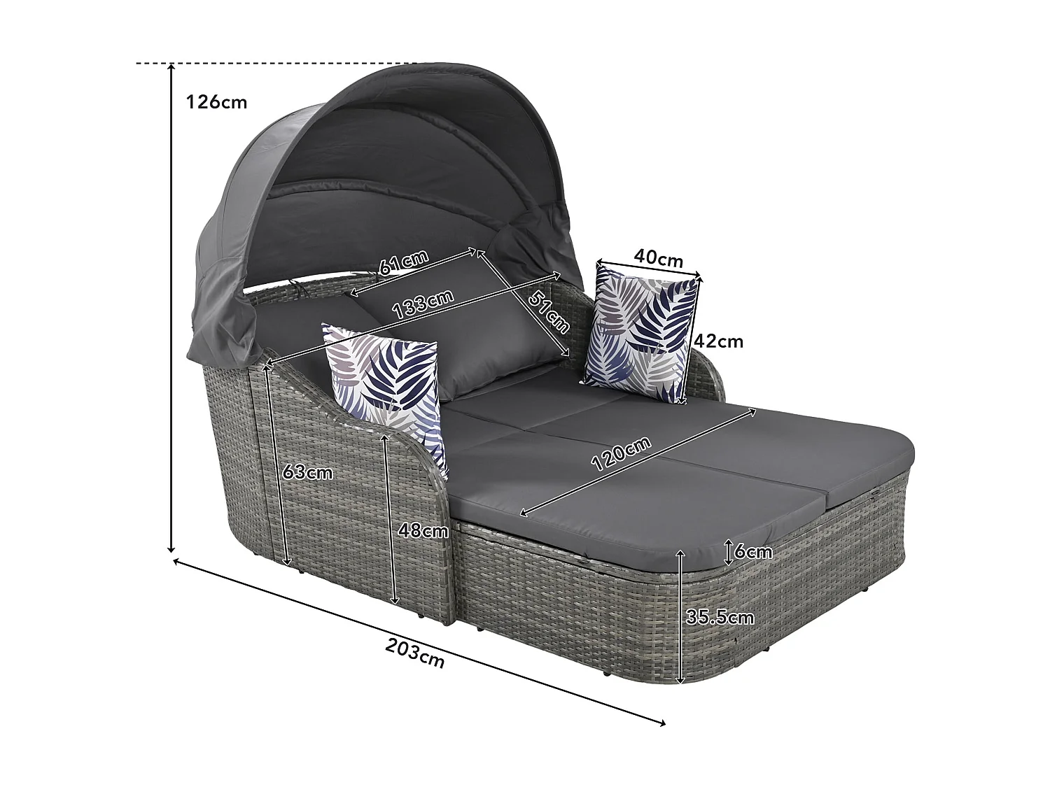 2-zits tuinmeubelen van geweven hars, tuinbed met verstelbare luifel, terrasfauteuil, inclusief 6 kussens, grijs