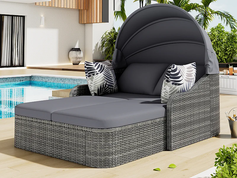 Salon de jardin en résine tressée 2 places, Lit de jardin avec auvent réglable, chaise longue de patio, 6 coussins inclus, gris