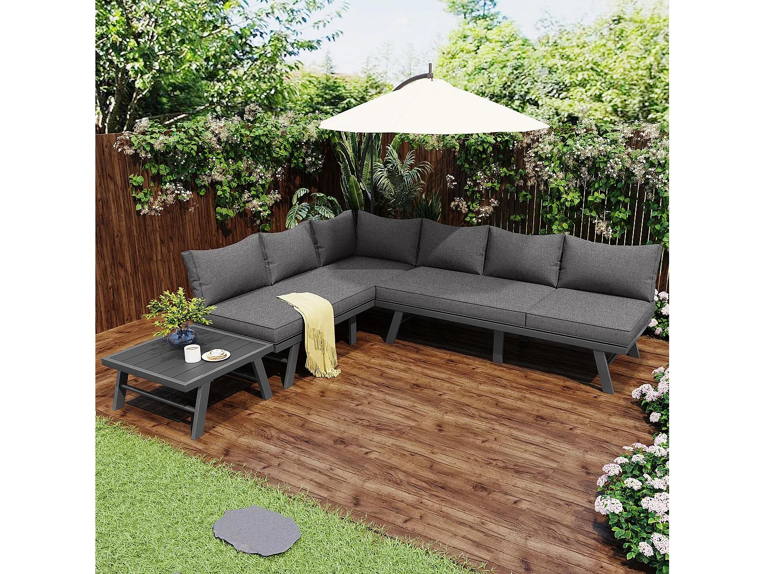 Arredo da giardino modulare in alluminio per 5-6 persone. - 2 divani angolari, 1 tavolino, 11 cuscini di seduta e schienale - Grigio + Nero