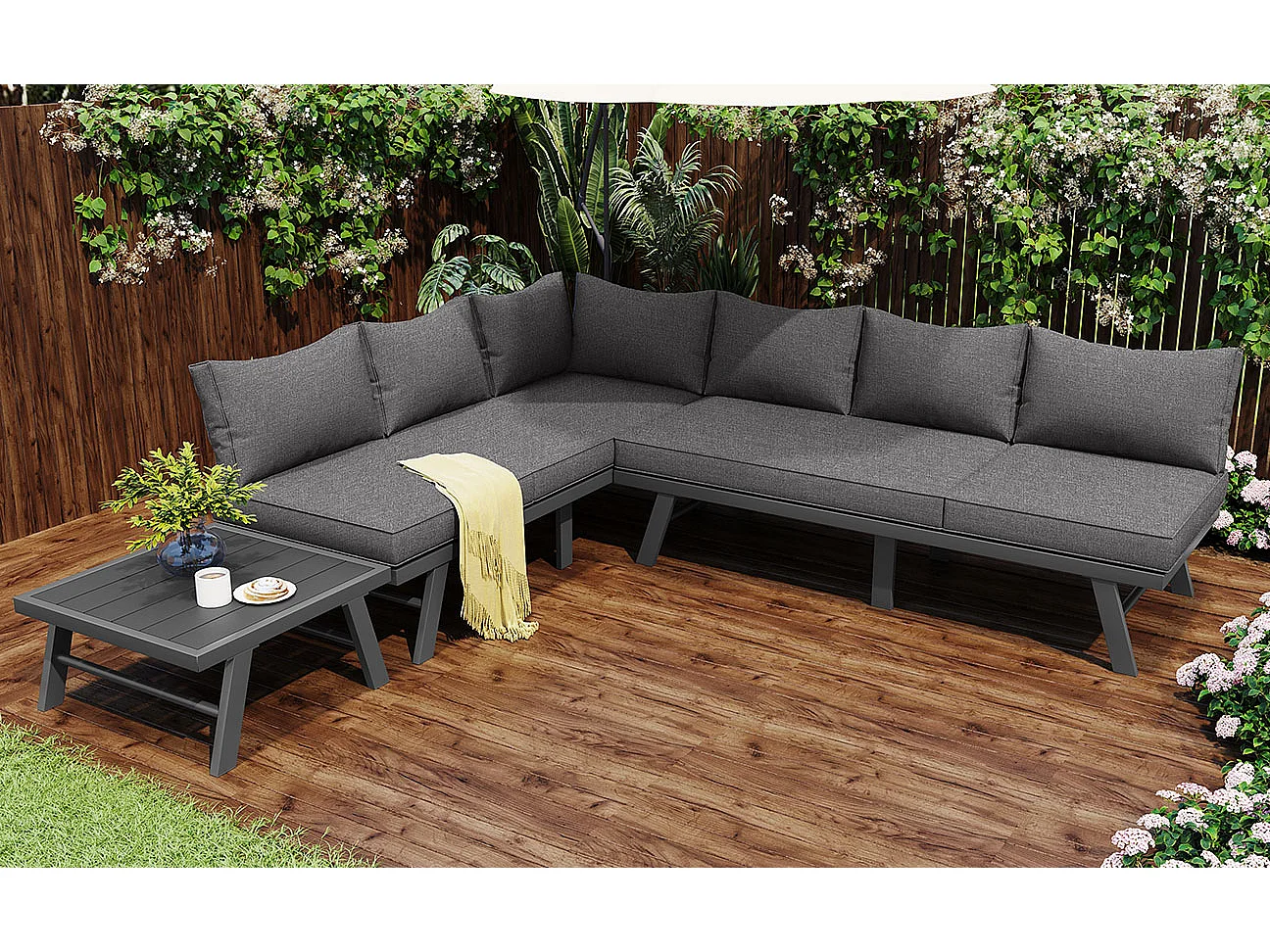 Arredo da giardino modulare in alluminio per 5-6 persone. - 2 divani angolari, 1 tavolino, 11 cuscini di seduta e schienale - Grigio + Nero