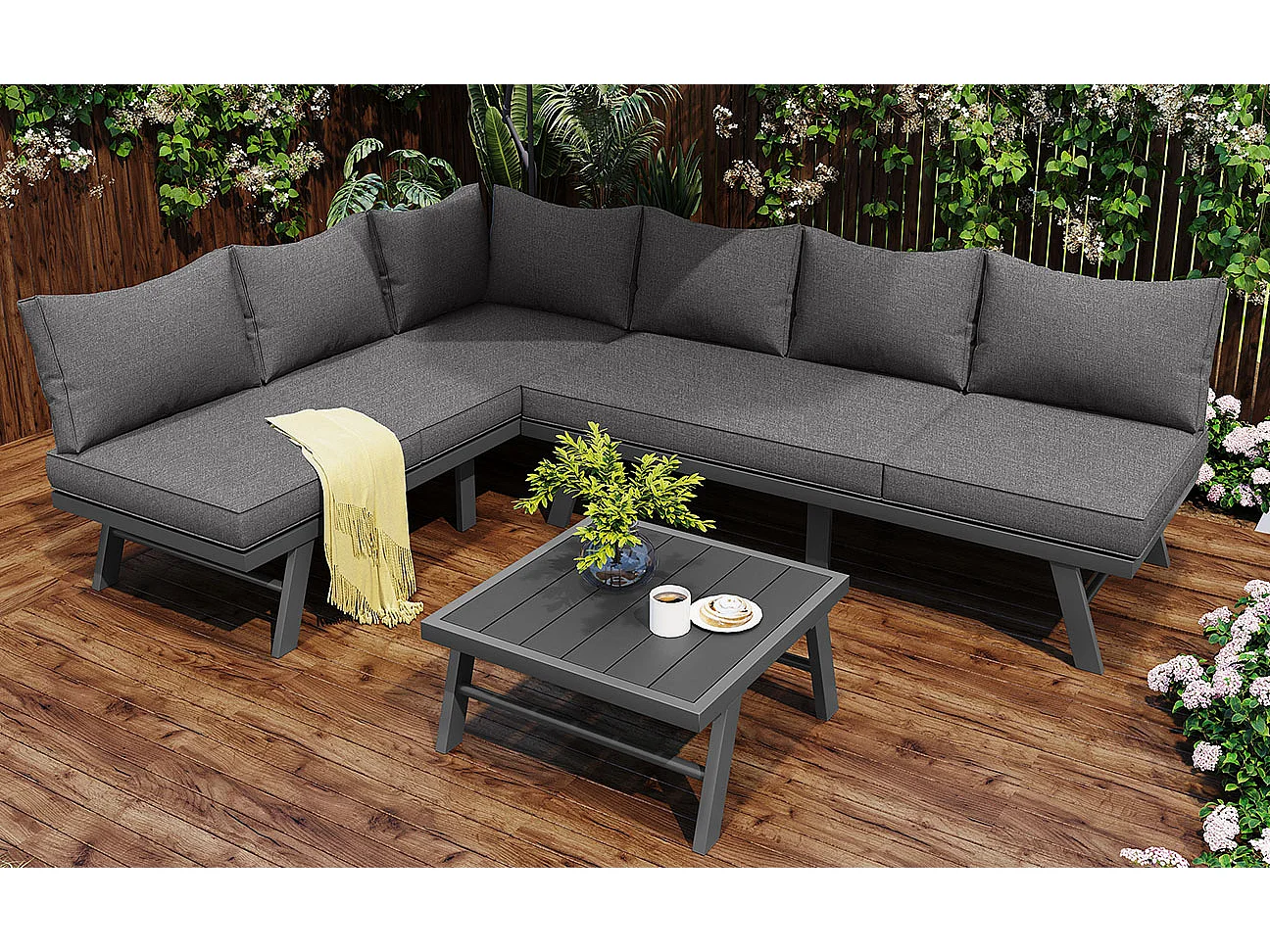 Arredo da giardino modulare in alluminio per 5-6 persone. - 2 divani angolari, 1 tavolino, 11 cuscini di seduta e schienale - Grigio + Nero