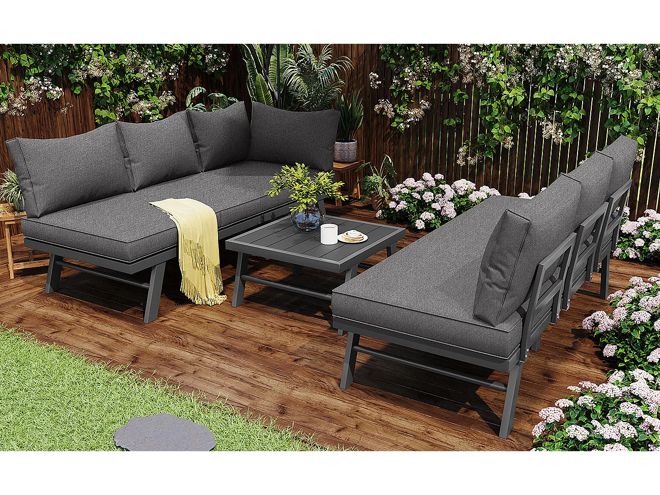 Arredo da giardino modulare in alluminio per 5-6 persone. - 2 divani angolari, 1 tavolino, 11 cuscini di seduta e schienale - Grigio + Nero