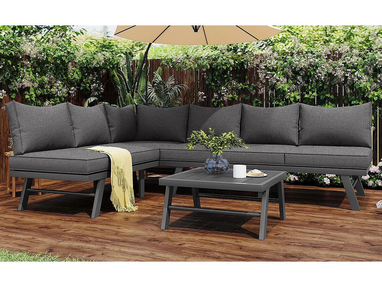 Arredo da giardino modulare in alluminio per 5-6 persone. - 2 divani angolari, 1 tavolino, 11 cuscini di seduta e schienale - Grigio + Nero