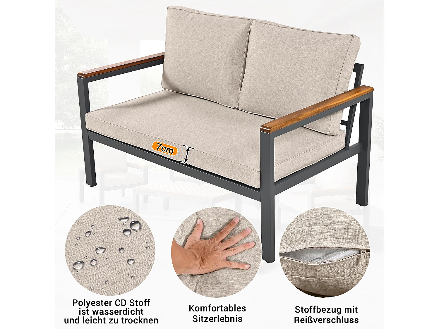 Zestaw mebli ogrodowych ze stali i drewna 4-osobowy: 1 sofa 2-osobowa + 2 fotele + 1 stolik kawowy - 6 poduszek na siedziska i oparcia - kolory: beżowy + brązowy