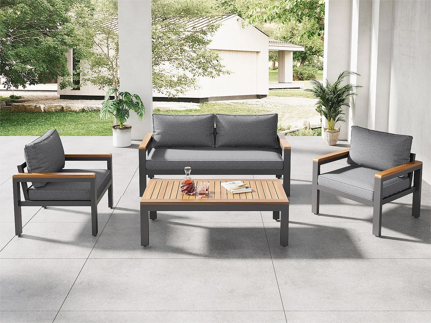 Set mobili da giardino 4 posti in acciaio e legno: 1 divano 2 posti + 2 poltrone + 1 tavolino - 6 cuscini seduta e schienale - colore: grigio + marrone