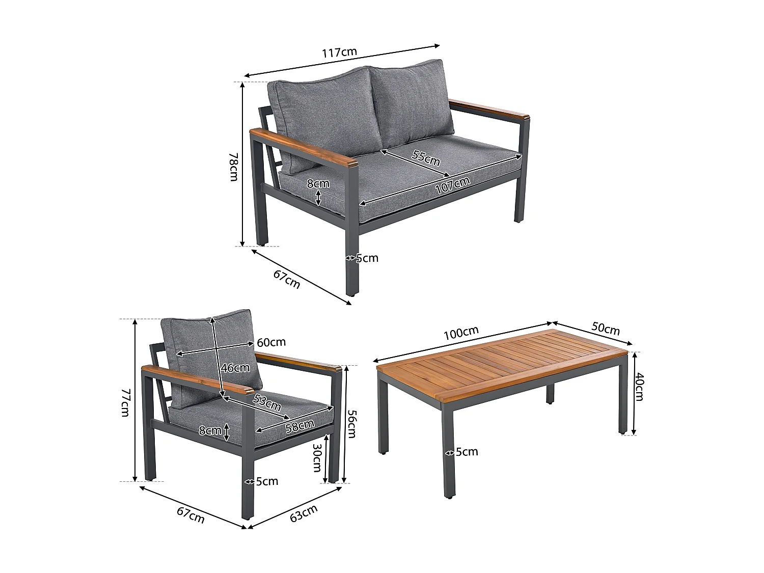 Set mobili da giardino 4 posti in acciaio e legno: 1 divano 2 posti + 2 poltrone + 1 tavolino - 6 cuscini seduta e schienale - colore: grigio + marrone