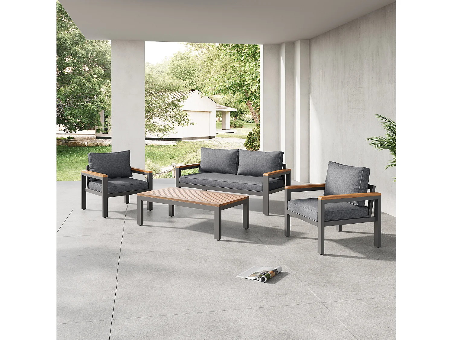 Ensemble salon de jardin en acier et bois 4 places: 1 canapé 2 places + 2 fauteuils + 1 table basse - 6 coussins d'assise et de dossier - coloris: gris + marron