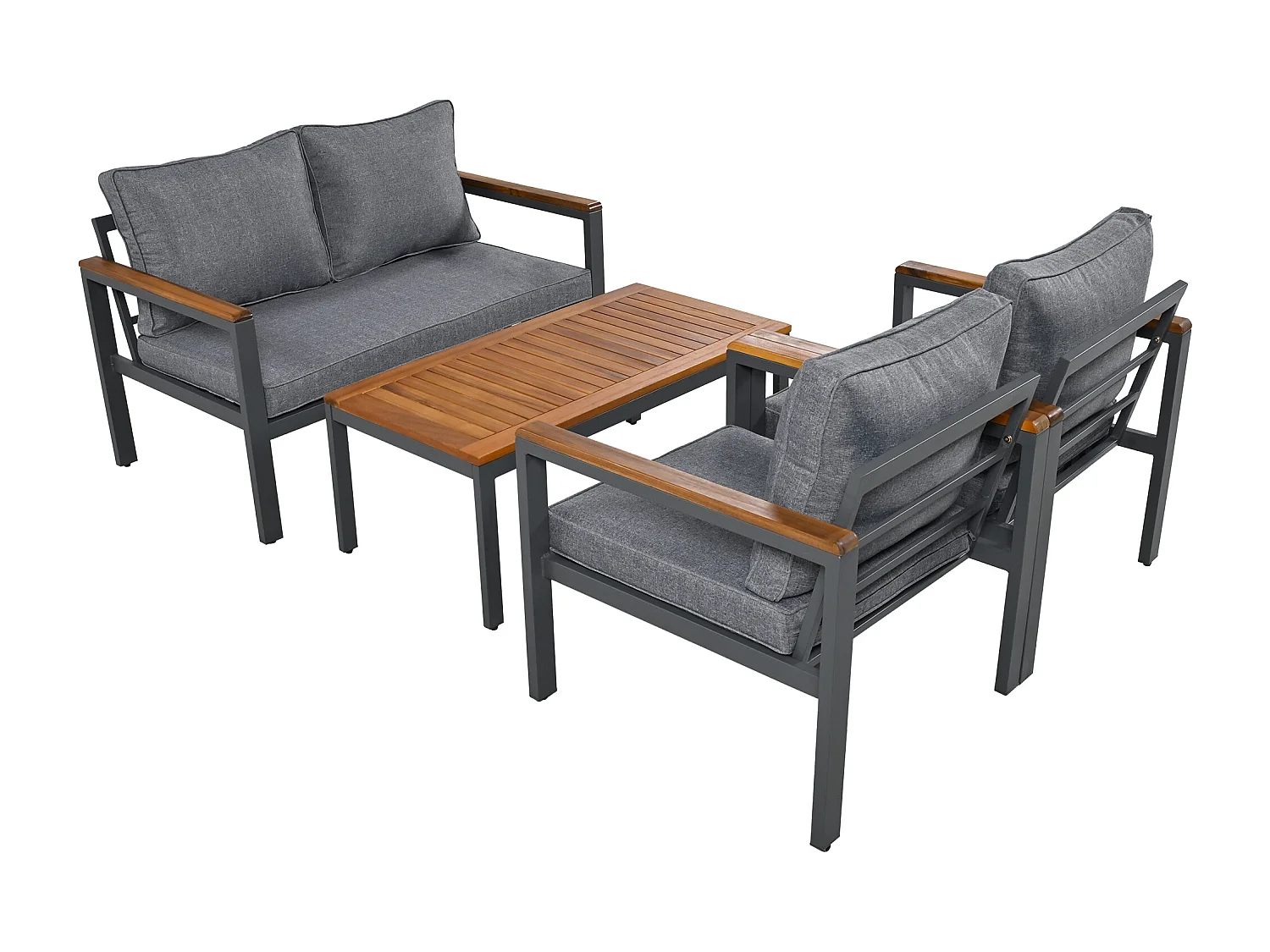 Ensemble salon de jardin en acier et bois 4 places: 1 canapé 2 places + 2 fauteuils + 1 table basse - 6 coussins d'assise et de dossier - coloris: gris + marron