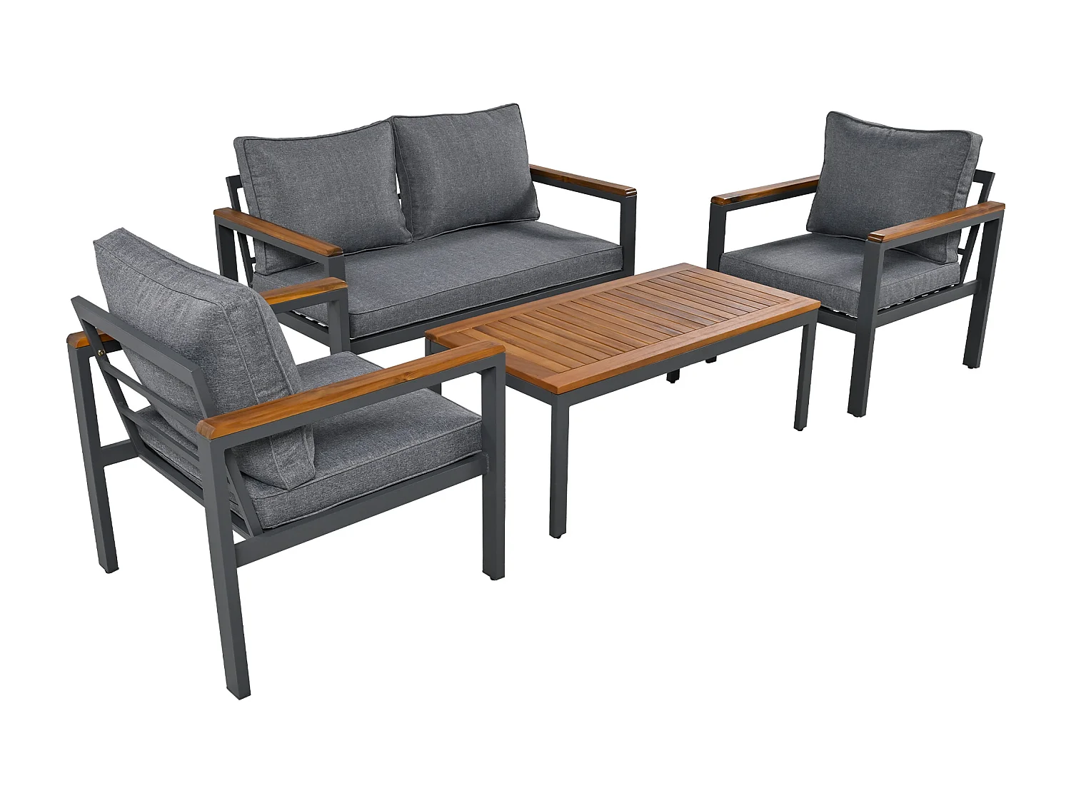 Ensemble salon de jardin en acier et bois 4 places: 1 canapé 2 places + 2 fauteuils + 1 table basse - 6 coussins d'assise et de dossier - coloris: gris + marron