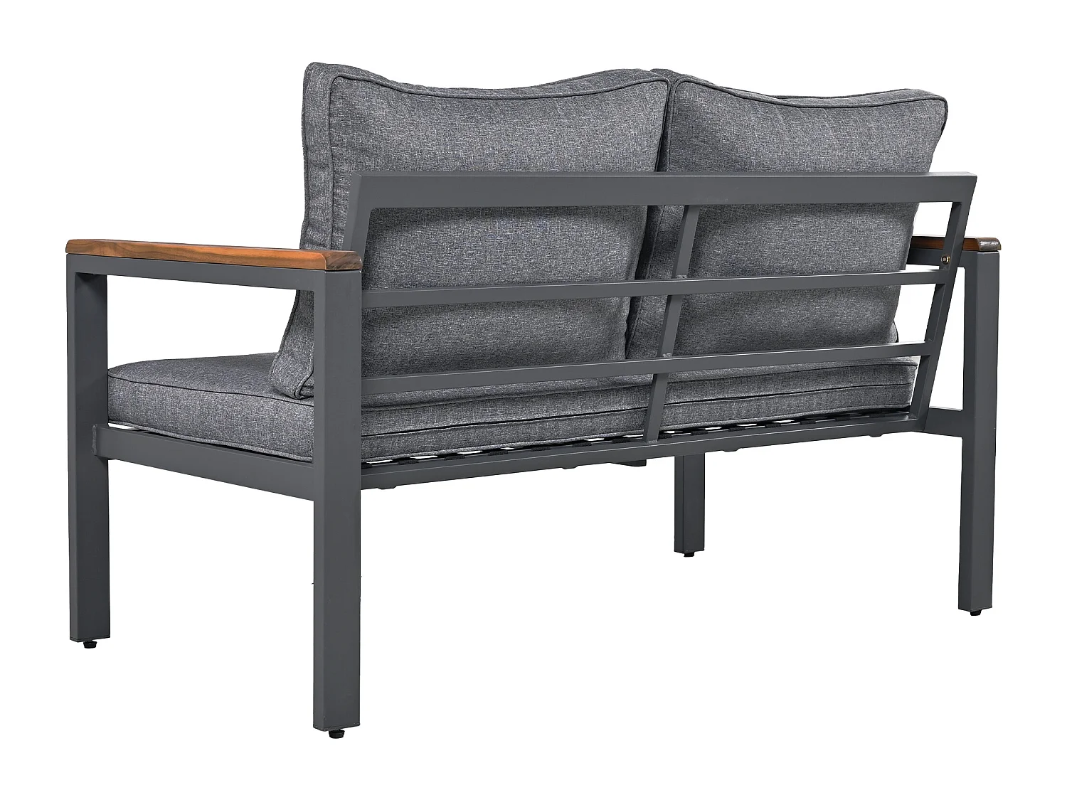 Ensemble salon de jardin en acier et bois 4 places: 1 canapé 2 places + 2 fauteuils + 1 table basse - 6 coussins d'assise et de dossier - coloris: gris + marron