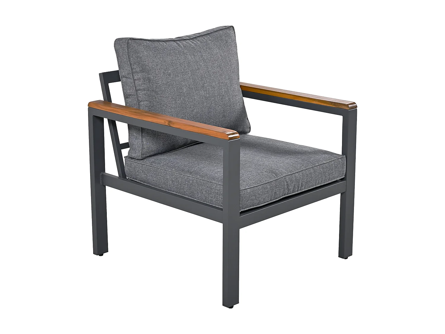 Ensemble salon de jardin en acier et bois 4 places: 1 canapé 2 places + 2 fauteuils + 1 table basse - 6 coussins d'assise et de dossier - coloris: gris + marron