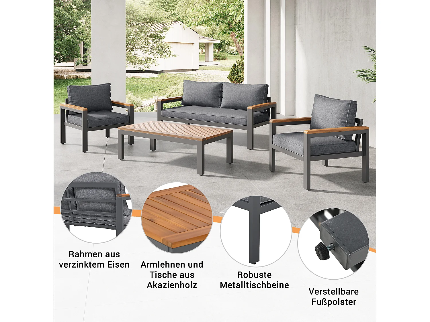 Ensemble salon de jardin en acier et bois 4 places: 1 canapé 2 places + 2 fauteuils + 1 table basse - 6 coussins d'assise et de dossier - coloris: gris + marron