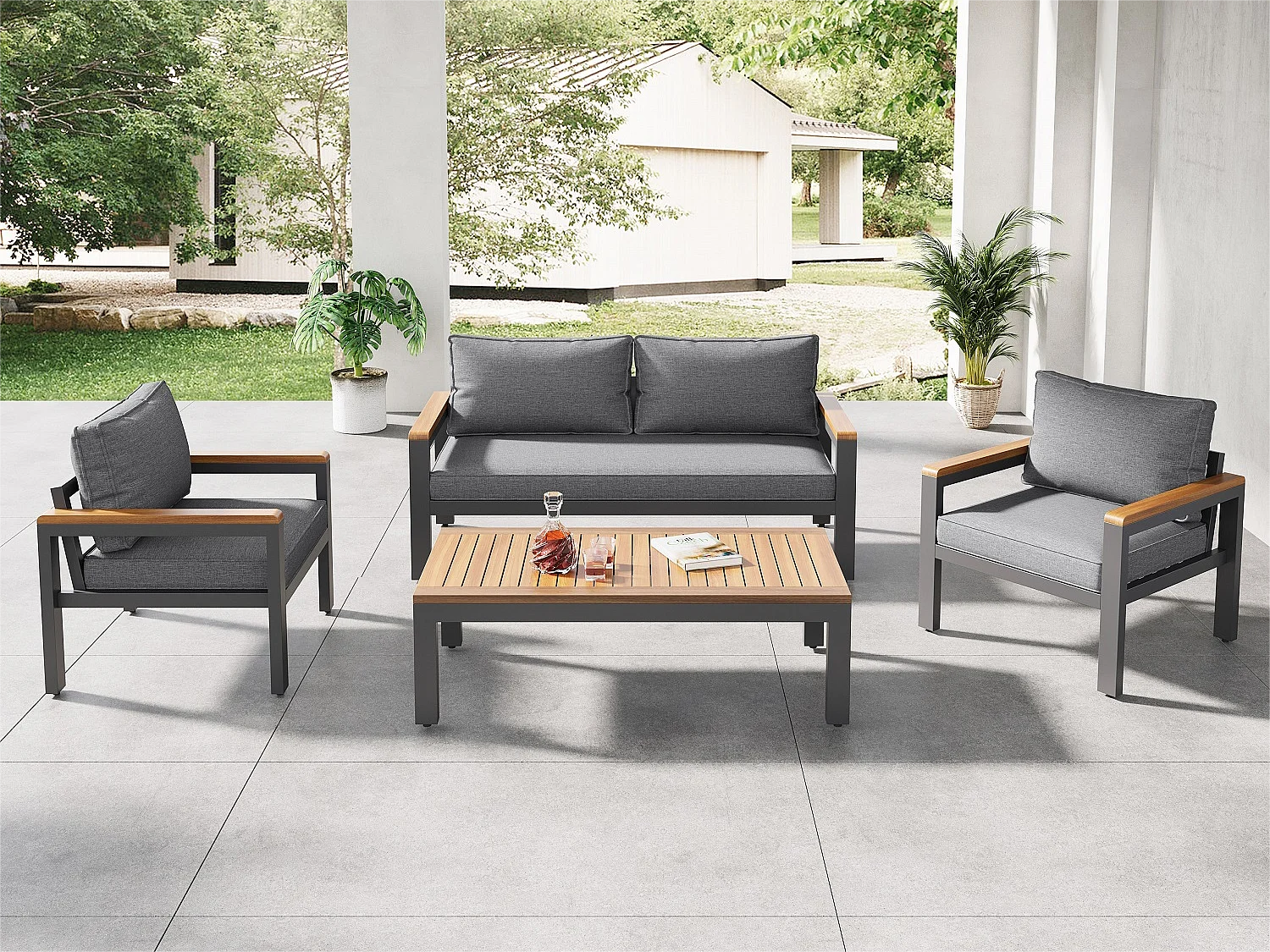 Set mobili da giardino 4 posti in acciaio e legno: 1 divano 2 posti + 2 poltrone + 1 tavolino - 6 cuscini seduta e schienale - colore: grigio + marrone