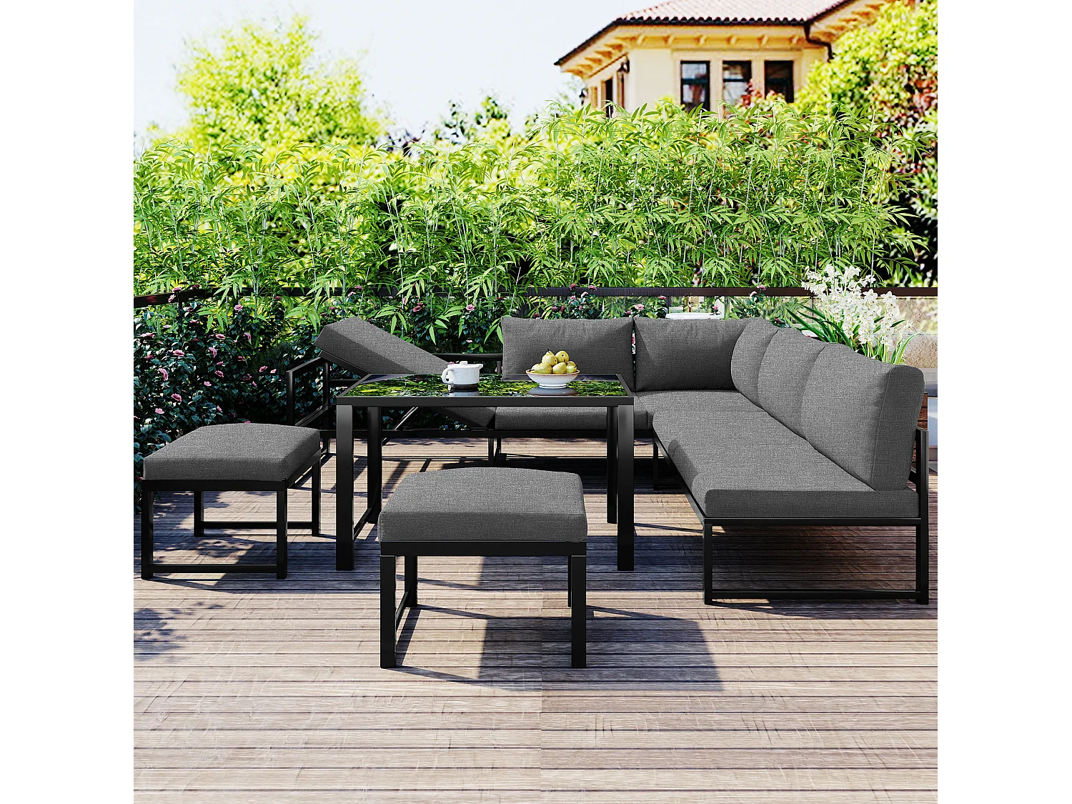 Set di mobili da giardino in alluminio da 7 posti - 1 divano reclinabile + 1 panca + tavolino in vetro + 2 pouf - 11 cuscini per seduta e schienale - Grigio