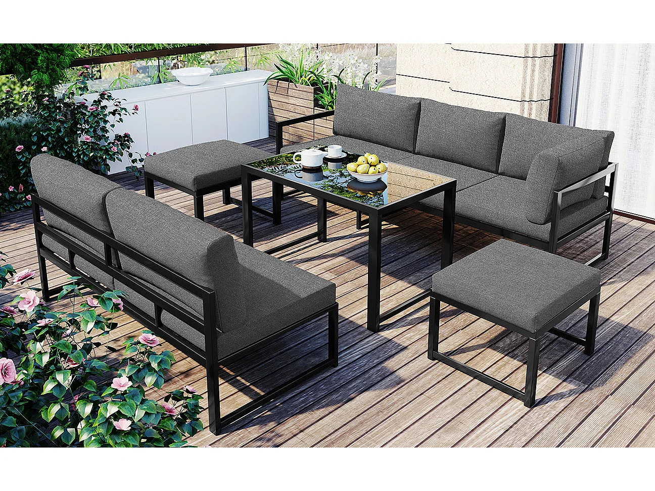 Set di mobili da giardino in alluminio da 7 posti - 1 divano reclinabile + 1 panca + tavolino in vetro + 2 pouf - 11 cuscini per seduta e schienale - Grigio