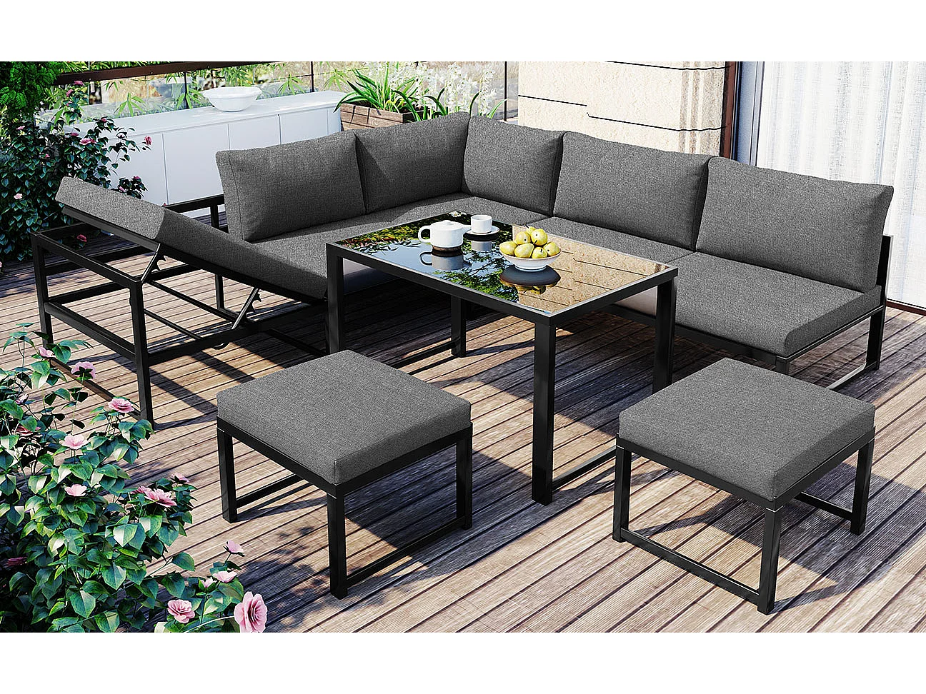 Set di mobili da giardino in alluminio da 7 posti - 1 divano reclinabile + 1 panca + tavolino in vetro + 2 pouf - 11 cuscini per seduta e schienale - Grigio